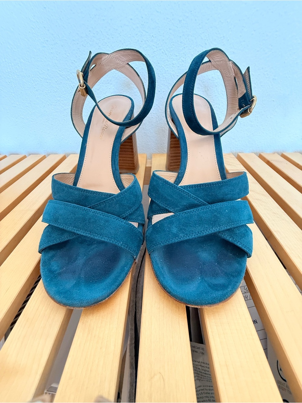 Gianvito Rossi Teal Suede Crisscross Block Heel Sandals